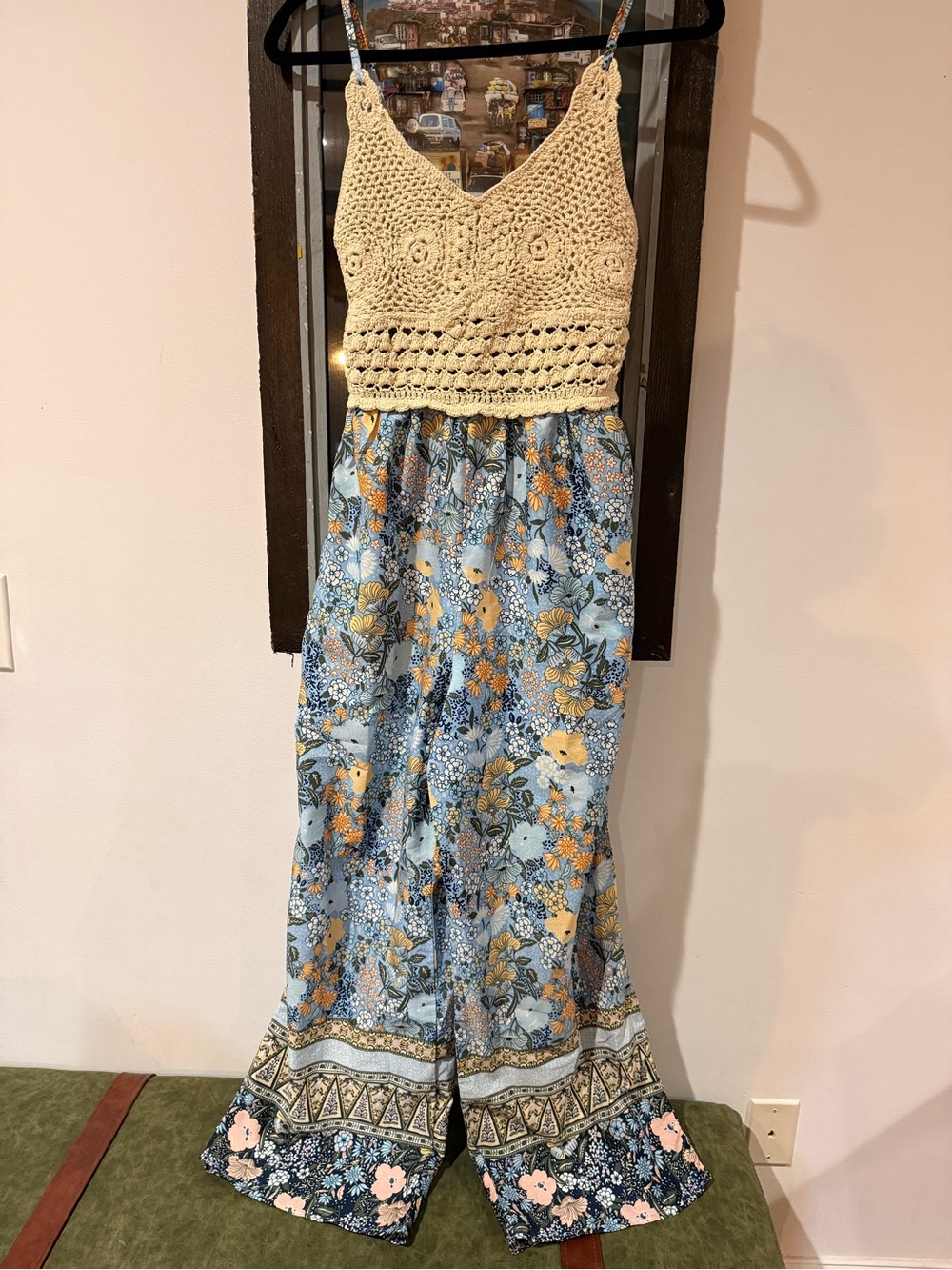 Crochet Bodice Floral Jumpsuit in Cream and Blue